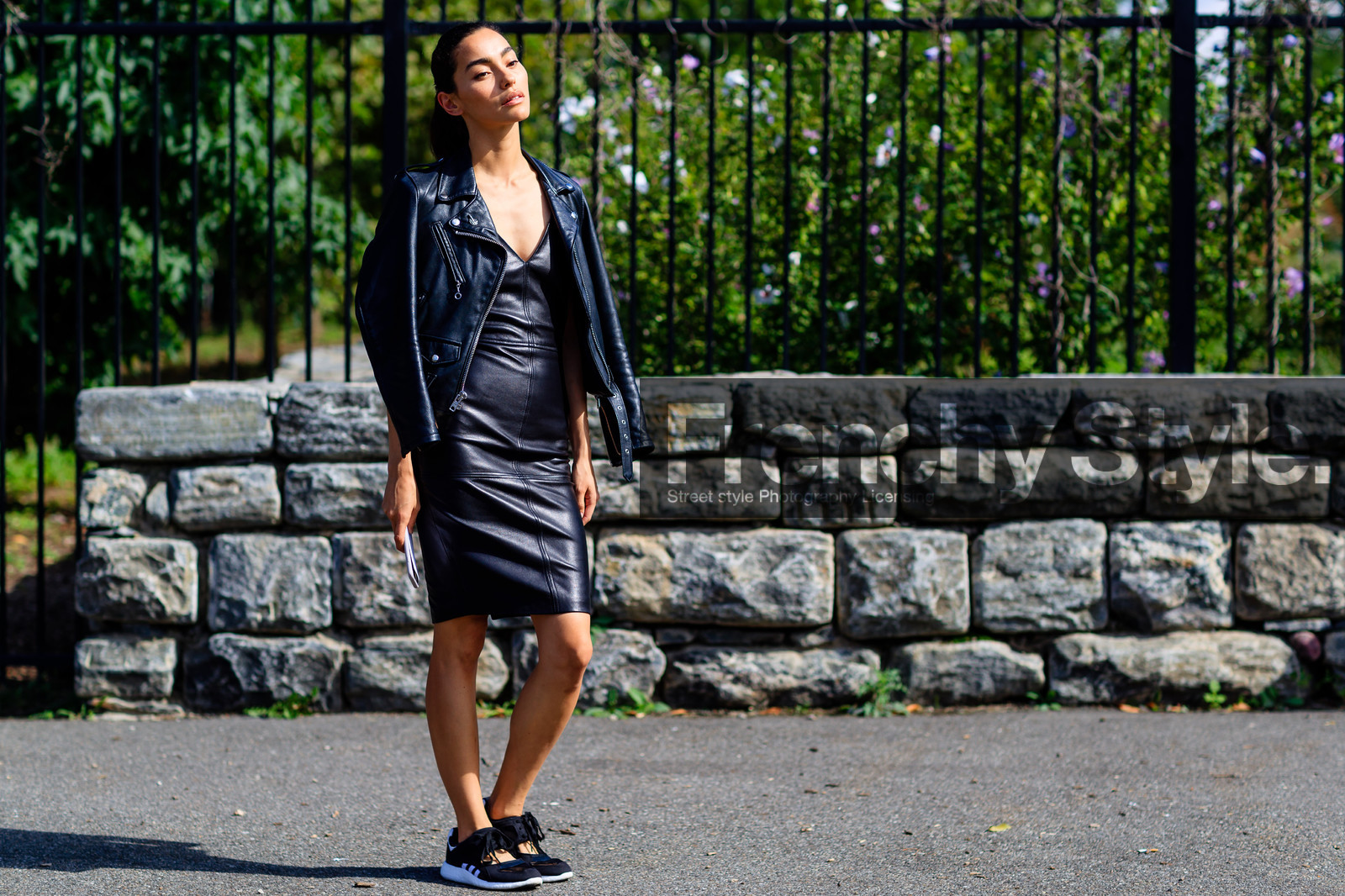 adidas, atmosphere details, black dress, black jacket, black perfecto, black sneakers, fashion week, frenchystyle, full length, FW, horizontal, jonathan paciullo, leather dress, leather jacket, leather perfecto, NEW YORK, NYFW, over the shoulder, SPRING SUMMER 2017, SS 17, street style, woman