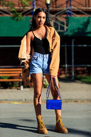 aleali may, beige boots, beige jacket, black top, blue bag, blue denim, boy bag, caterpillar, chanel, denim jacket, denim shorts, fashion week, frenchystyle, full length, FW, jonathan paciullo, leather bag, levi's, levi's strauss, NEW YORK, NYFW, SPRING SUMMER 2017, SS 17, street style, suede shoes, vertical, woman