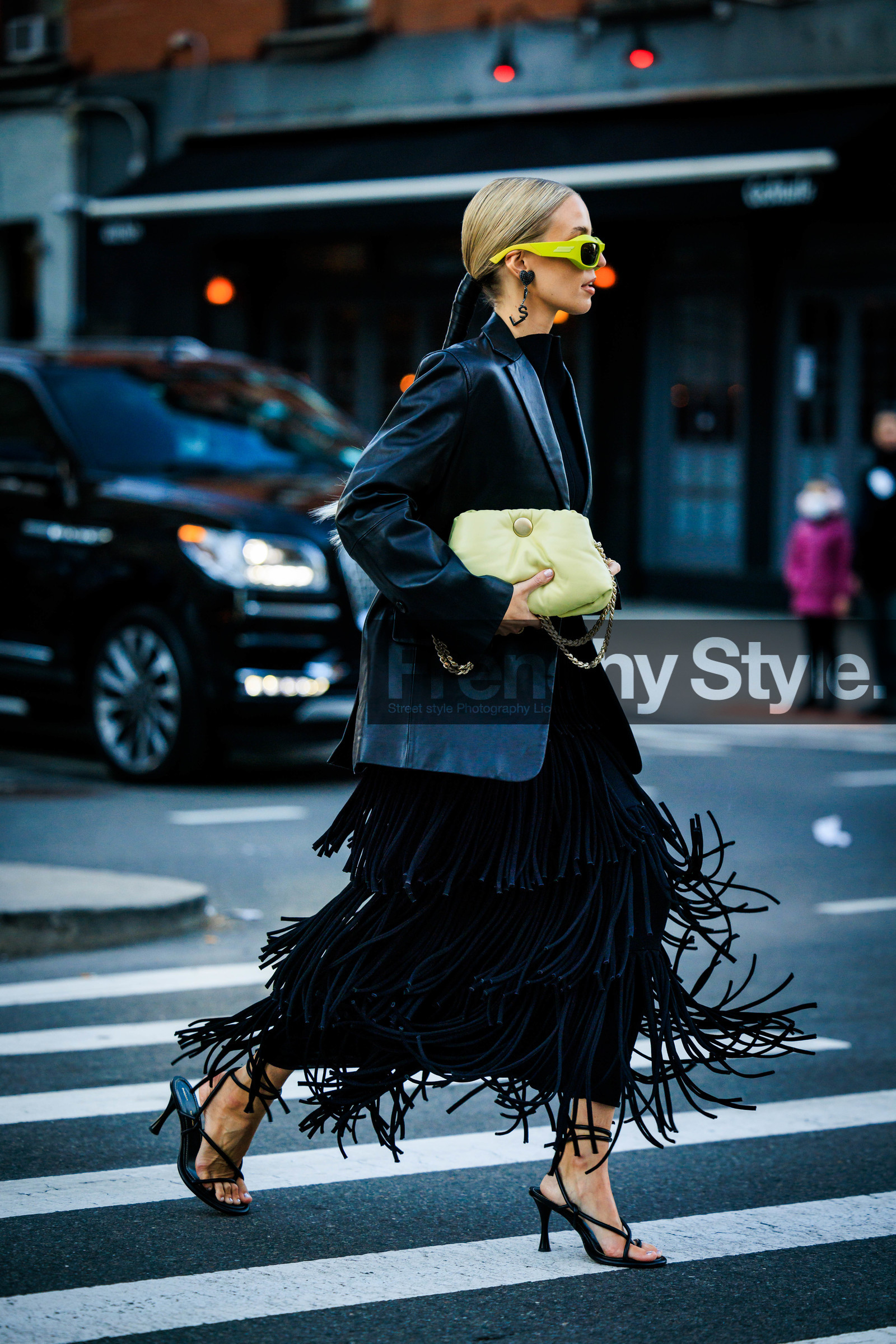 long black ruffles dress, puffy pistachio bag, puffy green pouch, black heeled sandals, green sunglasses, full black look, leonie hanne, fashion week, frenchystyle, FW, jonathan paciullo, street style, NYFW, NEW YORK, AUTUMN WINTER 2022-2023, FALL WINTER 2022_2023, FW 22-23, vertical, full length
