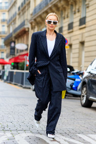 white sunglasses, big sunglasses, celine sunglasses, hoop earrings, golden earrings, overshirt jacket, oversize pants, oversize suits, striped jacket, striped look, striped pants, striped suits, balenciaga jacket, balenciaga total look, balenciaga pants, balenciaga shoes, white leather shoes, white leather pumps, sharp end shoes, square shape glasses, justyna czerniak, fashion week, frenchystyle, FW, jonathan paciullo, street style, PFW, PARIS, AUTUMN WINTER 2021-2022, FALL WINTER 2021-2022, FW 21-22, vertical, full length