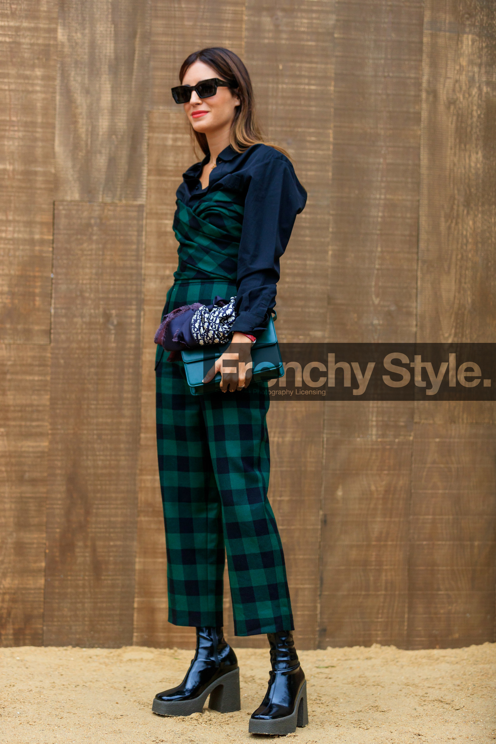 gala gonzalez, black sunglasses, square shape glasses, black shirt, black top, black pants, black leather boots, black polish boots, big sole boots, platform shoes, green top, green pants, checked pants, checked top, balloon sleeves, strapless top, silk scarf, monogrammed scarf, blue scarf, green leather bag, 30 montaigne bag, drape top, cropped pants, dior bag, dior pants, dior shirt, dior top, dior total look, fashion week, frenchystyle, FW, jonathan paciullo, street style, SPRING SUMMER 2020, SS 20, PFW, PARIS, vertical, full length