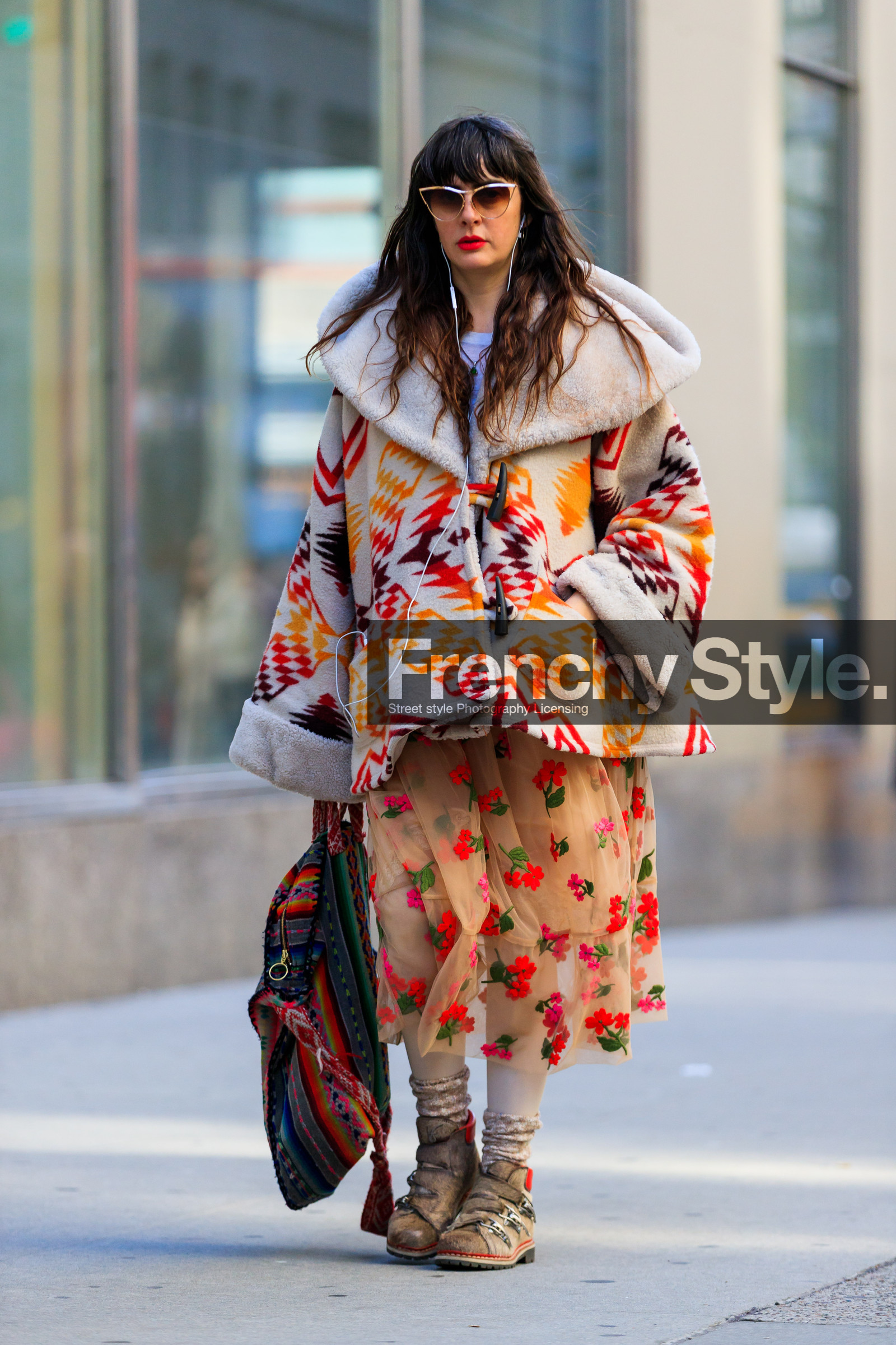 beige boots, beige jacket, embroidered dress, floral, flowers, graphic bag, graphic jacket, leather shoes, multicolor bag, nude dress, printed bag, printed dress, printed jacket, shearling, sunglasses, street style, jonathan paciullo, FW, frenchystyle, fashion week, NYFW, NEW YORK, AUTUMN WINTER 2018-2019, AW 18-19, FALL WINTER 2018-2019, FW 18-19, vertical, full length