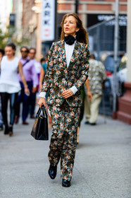 black bag, black shoes, fashion week, floral, flower, frenchystyle, full length, FW, green suit, jonathan paciullo, leather bag, leather shoes, NEW YORK, NYFW, printed suit, SPRING SUMMER 2017, SS 17, street style, vertical, white shirt, woman