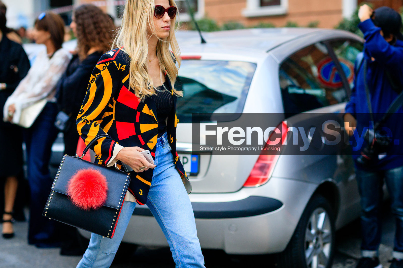 atmosphere details, blue denim, denim pants, detail, fashion week, frenchystyle, fur bag, FW, graphic jacket, horizontal, jeans, jonathan paciullo, leather bag, MFW, MILAN, printed jacket, red, red fur, SPRING SUMMER 2017, SS 17, street style, sunglasses, trousers, yellow