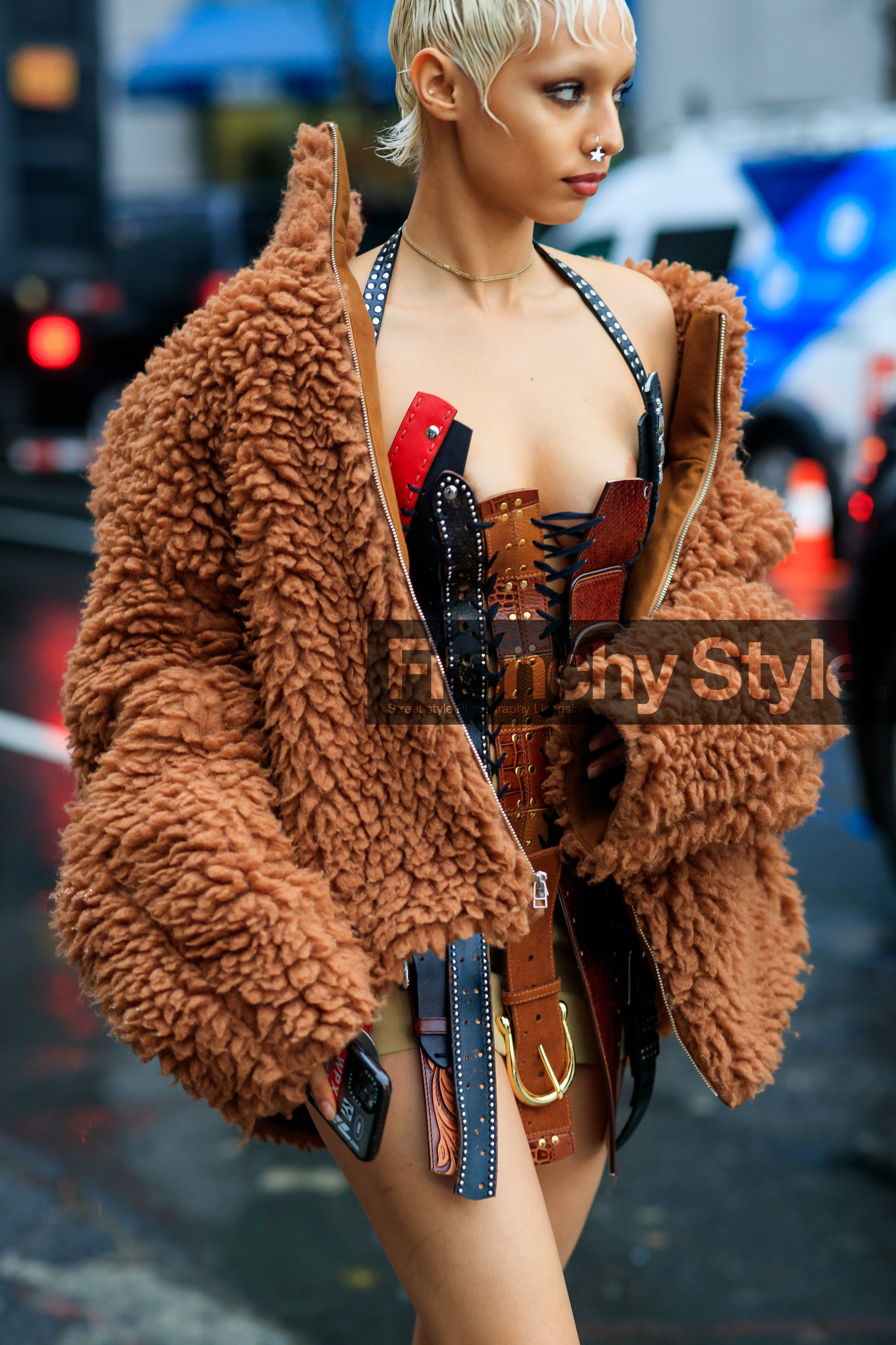 jazelle, brown coat, fur coat, leather dress, belted dress, striped dress, mini dress, strapless dress, piercing, nose piercing, dyed hair, laced dress, fashion week, frenchystyle, FW, jonathan paciullo, street style, NYFW, NEW YORK, AUTUMN WINTER 2020-2021, FALL WINTER 2020-2021, FW 20-21, vertical, detail, atmosphere details