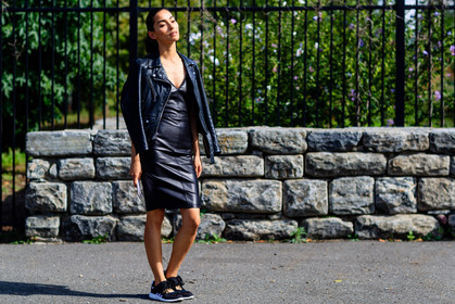 adidas, atmosphere details, black dress, black jacket, black perfecto, black sneakers, fashion week, frenchystyle, full length, FW, horizontal, jonathan paciullo, leather dress, leather jacket, leather perfecto, NEW YORK, NYFW, over the shoulder, SPRING SUMMER 2017, SS 17, street style, woman