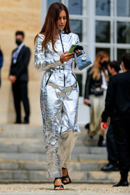 silvered jumpsuit, long sleeves jumpsuit, zipped jumpsuit, lady dior bag, blue leather bag, quilted bag, mini bag, hand bag, dior bag, black leather sandals, dior jumpsuit, blue bag, leather bag, belted jumpsuit, gala gonzalez, fashion week, frenchystyle, FW, jonathan paciullo, street style, PFW, PARIS, AUTUMN WINTER 2021-2022, FALL WINTER 2021-2022, FW 21-22, vertical, full length