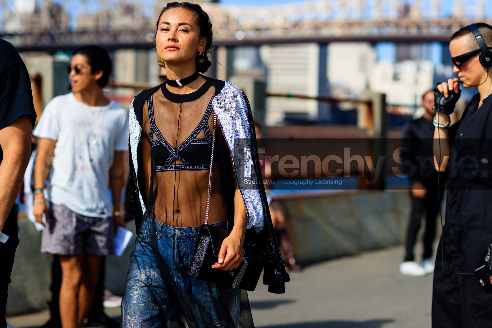 atmosphere details, black bag, black bra, blue denim, bra, choker, denim pants, detail, fashion week, frenchystyle, FW, horizontal, jeans, jonathan paciullo, leather bag, NEW YORK, NYFW, over the shoulder, see through, sequined, sequined jacket, shiny, SPRING SUMMER 2017, SS 17, street style, transparent, trousers, woman