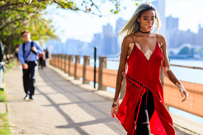 atmosphere details, black denim, choker, denim pants, detail, fashion week, frenchystyle, FW, horizontal, iphone, jeans, jonathan paciullo, NEW YORK, NYFW, red dress, ripped pants, SPRING SUMMER 2017, SS 17, street style, trousers, winnie harlow, woman