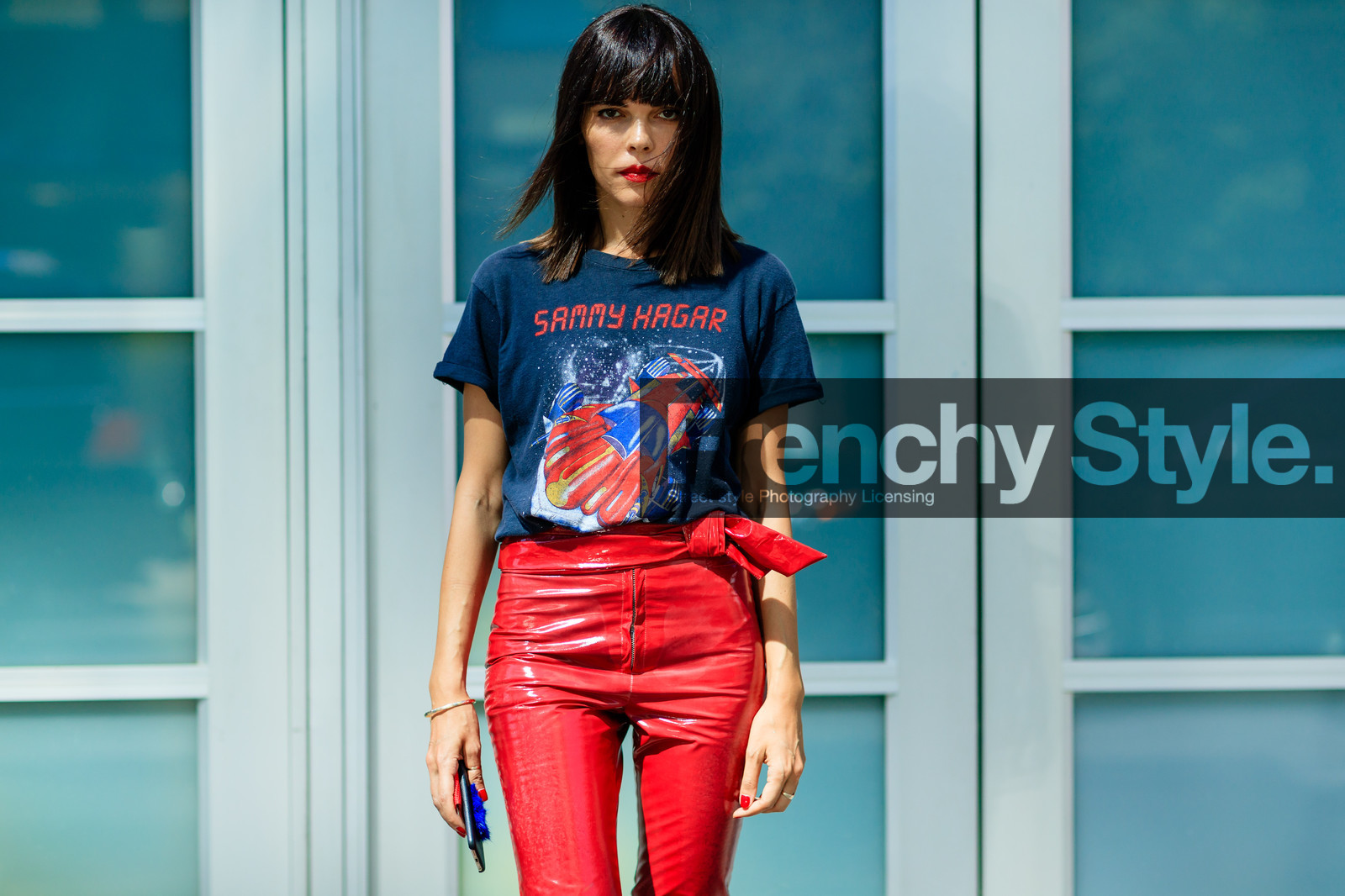 atmosphere details, black t shirt, detail, evangelie smyrniotaki, fashion week, frenchystyle, FW, horizontal, jonathan paciullo, leather pants, NEW YORK, NYFW, printed t shirt, red lips, red pants, SPRING SUMMER 2017, SS 17, street style, trousers, woman