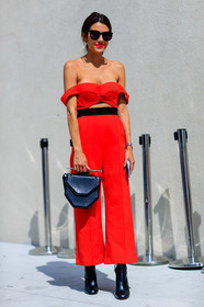 black bag, black boots, bra, bustier top, fashion week, frenchystyle, full length, FW, geometric, graphic bag, high heels, high waist, jonathan paciullo, leather bag, leather shoes, m2malletier, NEW YORK, NYFW, off the shoulder, red pants, red top, SPRING SUMMER 2017, SS 17, street style, sunglasses, trousers, vertical, woman