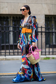 stella mccartney sunglasses, eyecat sunglasses, butterfly sunglasses, black sunglasses, black dress, multicolor dress, long dress, lace dress, long sleeves dress, silk dress, low necked dress, belted dress, big belt, suede belt, orange belt, orange suede belt, pink leather bag, jacquemus bag, basket bag, hand bag, sheer dress, printed dress, golden necklace, long necklace, multi necklace, stone necklace, hoop earrings, golden earrings, fashion week, frenchystyle, FW, jonathan paciullo, street style, PFW, PARIS, AUTUMN WINTER 2021-2022, FALL WINTER 2021-2022, FW 21-22, vertical, full length