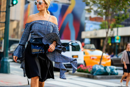 atmosphere details, black bag, black skirt, bustier top, checked dress, checked top, claudie pierlot, detail, fashion week, frenchystyle, FW, graphic dress, graphic top, grey dress, grey top, horizontal, jonathan paciullo, layers, leather bag, NEW YORK, NYFW, off the shoulder, plaid, SPRING SUMMER 2017, SS 17, street style, sunglasses, woman