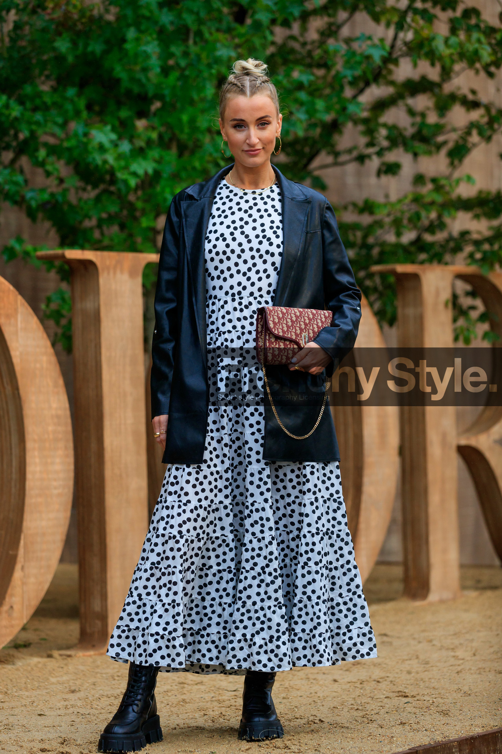 dior bag, dior earrings, black leather jacket, burgundy bag, monogrammed bag, white dress, polka dots dress, hoop earrings, golden earrings, black leather boots, big sole boots, laced boots, prada boots, fashion week, frenchystyle, FW, jonathan paciullo, street style, SPRING SUMMER 2020, SS 20, PFW, PARIS, vertical, full length