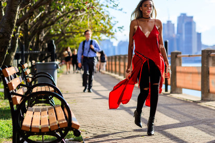 atmosphere details, black boots, black denim, choker, denim pants, detail, fashion week, frenchystyle, FW, high boots, high heels, horizontal, iphone, jeans, jonathan paciullo, leather boots, NEW YORK, NYFW, red dress, ripped pants, SPRING SUMMER 2017, SS 17, street style, trousers, winnie harlow, woman