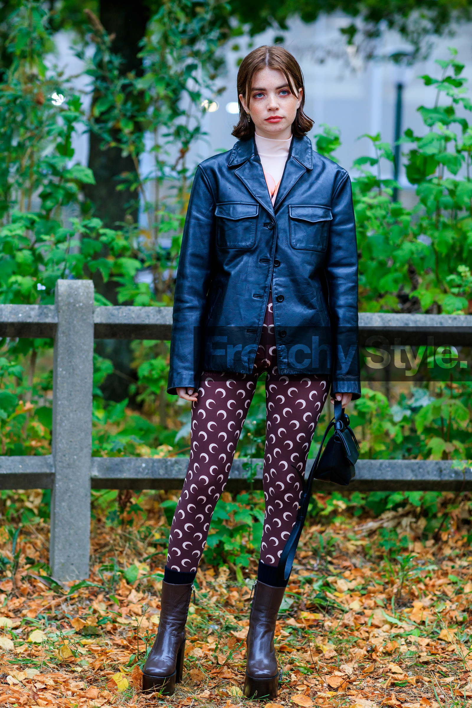 molly and reese blustein, black leather jacket, light pink top, turtleneck top, marine serre pants, burgundy pants, monogrammed pants, tight pants, brown leather boots, platform shoes, acne studios bag, black leather bag, fashion week, frenchystyle, FW, jonathan paciullo, street style, SPRING SUMMER 2020, SS 20, PFW, PARIS, vertical, full length