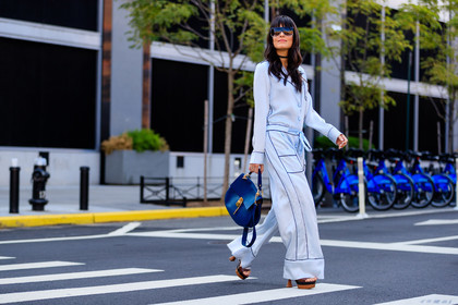 atmosphere details, blue bag, blue jumpsuit, chloe, choker, fashion week, frenchystyle, full length, FW, golden details, high heels, horizontal, jonathan paciullo, leather bag, maria j. bernardes maia, NEW YORK, NYFW, pajamas, satin, SPRING SUMMER 2017, SS 17, street style, sunglasses, wide pants, woman