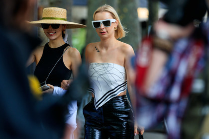 white sunglasses, square shape glasses, big sunglasses, celine sunglasses, golden earrings, hoop earrings, white scarf, white top, sleeveless top, strapless top, silk top, silk scarf, striped scarf, striped top, printed scarf, printed top, scarf, scarf detail, scarf top, black pants, animal skin pants, vinyl pants, justyna czerniak, fashion week, frenchystyle, FW, jonathan paciullo, street style, PFW, PARIS, AUTUMN WINTER 2021-2022, FALL WINTER 2021-2022, FW 21-22, atmosphere details, horizontal, detail