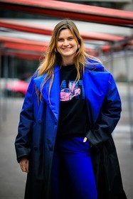 blue look, puffed jacket, dual toned jacket, blue coat, printed sweatshirt, black sweat, blue trousers, fashion week, frenchystyle, FW, jonathan paciullo, street style, PFW, PARIS, menswear, AUTUMN WINTER 2022-2023, FALL WINTER 2022-2023, FW 22-23, atmosphere details, detail, vertical
