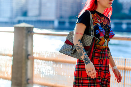 atmosphere details, black t shirt, checked skirt, detail, dyed hair, fashion week, frenchystyle, FW, gucci, horizontal, jonathan paciullo, monogram, NEW YORK, NYFW, plaid, printed bag, printed t shirt, red skirt, SPRING SUMMER 2017, SS 17, street style, tartan, tattoos, woman