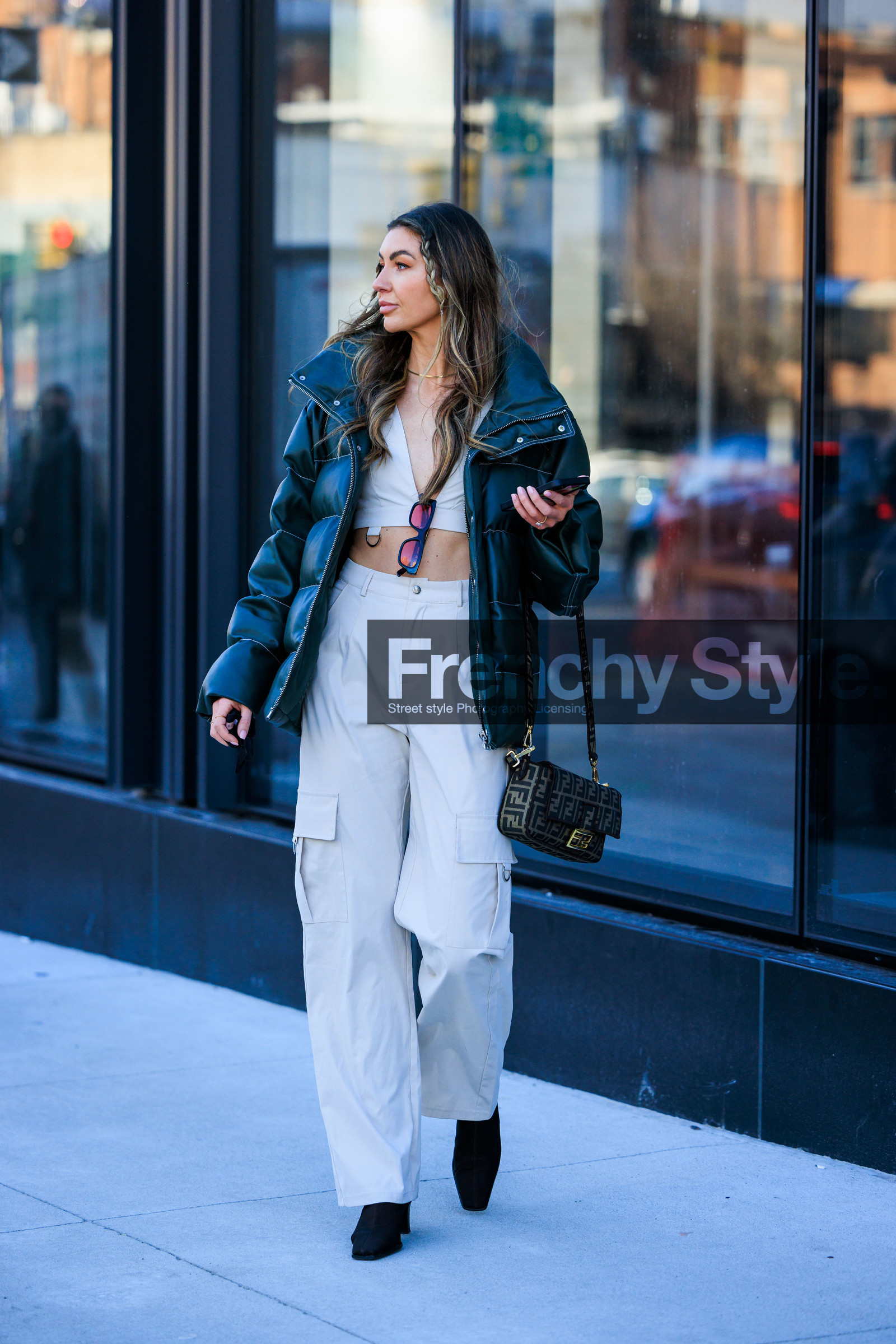 puffy jacket, black winter jacket, puffy winter look, fendi handbag, baguette fendi bag, striped black and white pants, cargo pants, black jacket, pink sunglasses, white cropped top, fashion week, frenchystyle, FW, jonathan paciullo, street style, NYFW, NEW YORK, AUTUMN WINTER 2022-2023, FALL WINTER 2022_2023, FW 22-23, vertical, full length