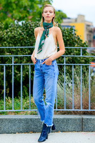 blue boots, blue denim, denim pants, fashion week, frenchystyle, full length, FW, high heels, jeans, jonathan paciullo, leather boots, levi's, levi's strauss, model, NEW YORK, NYFW, scarf, SPRING SUMMER 2017, SS 17, street style, trousers, vertical, white tank top, woman