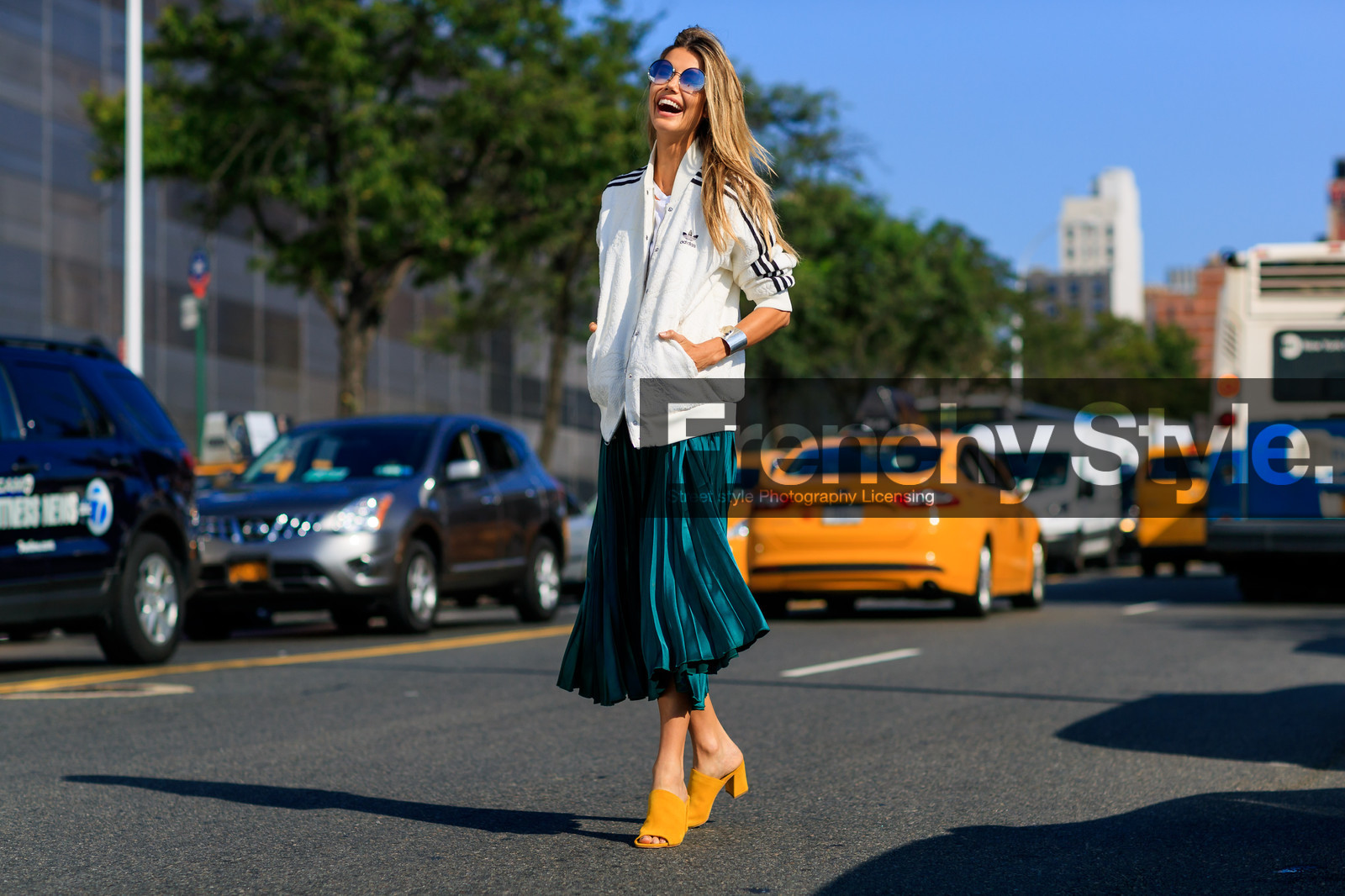 adidas, atmosphere details, emerald, fashion week, frenchystyle, full length, FW, green skirt, high heels, horizontal, jonathan paciullo, martha graeff, mules, NEW YORK, NYFW, pleated skirt, SPRING SUMMER 2017, SS 17, street style, suede shoes, sunglasses, teddy jacket, white jacket, white t shirt, woman, yellow sandals