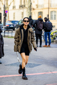 black sunglasses, golden loops, silver necklaces, black body suit, winter jacket, sporty look, black boots, bottega veneta boots, white handbag, prada bag, puffed jacket, brown jacket, fashion week, frenchystyle, FW, jonathan paciullo, street style, PFW, PARIS, menswear, AUTUMN WINTER 2022-2023, FALL WINTER 2022-2023, FW 22-23, full length, vertical