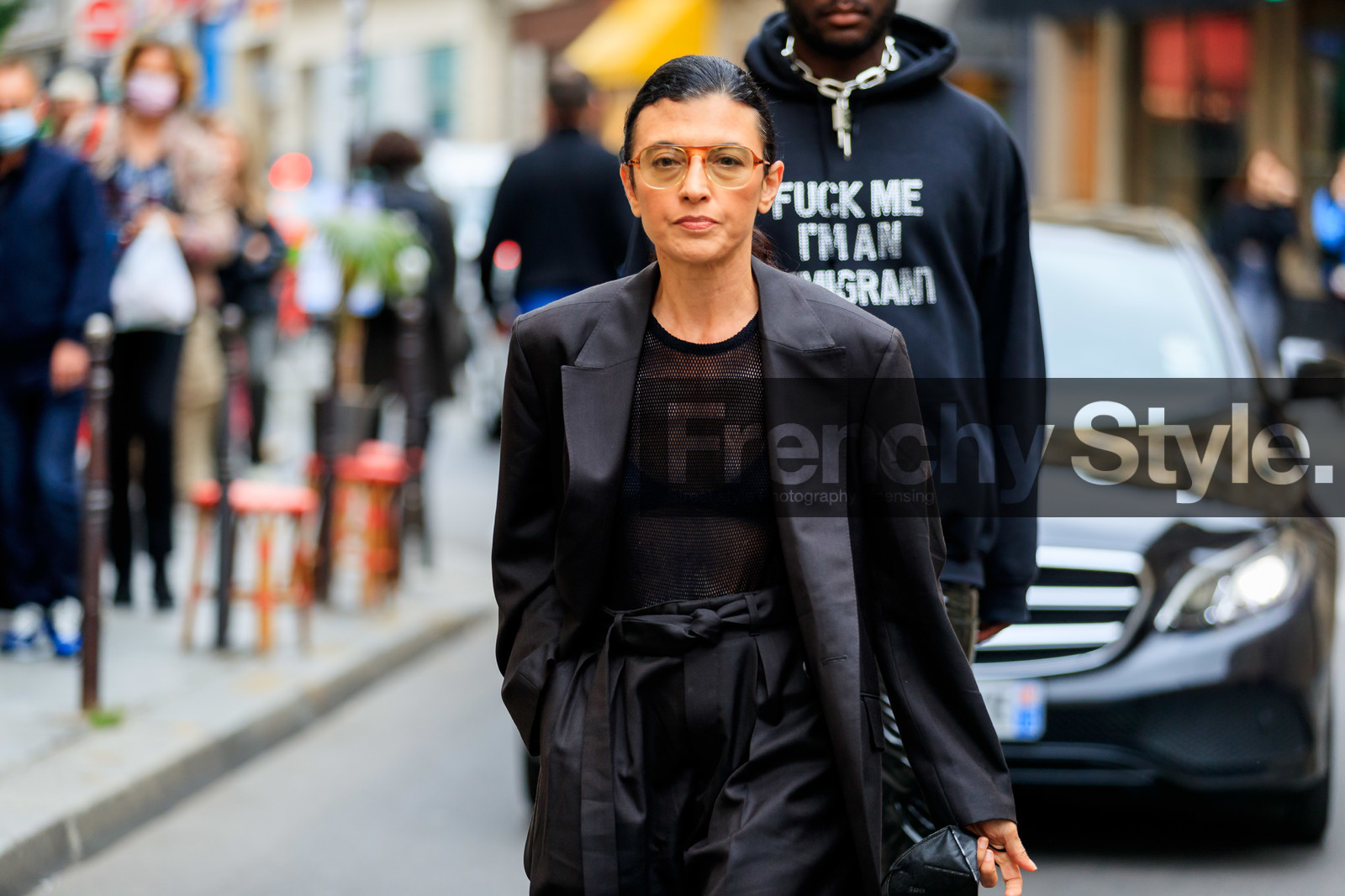 black jacket, black pants, black top, fishnet top, black suits, oversize jacket, carrot pants, aviator glasses, belted pants, fashion week, frenchystyle, FW, jonathan paciullo, street style, PFW, PARIS, SPRING SUMMER 2022, SS 22, horizontal, atmosphere details, detail