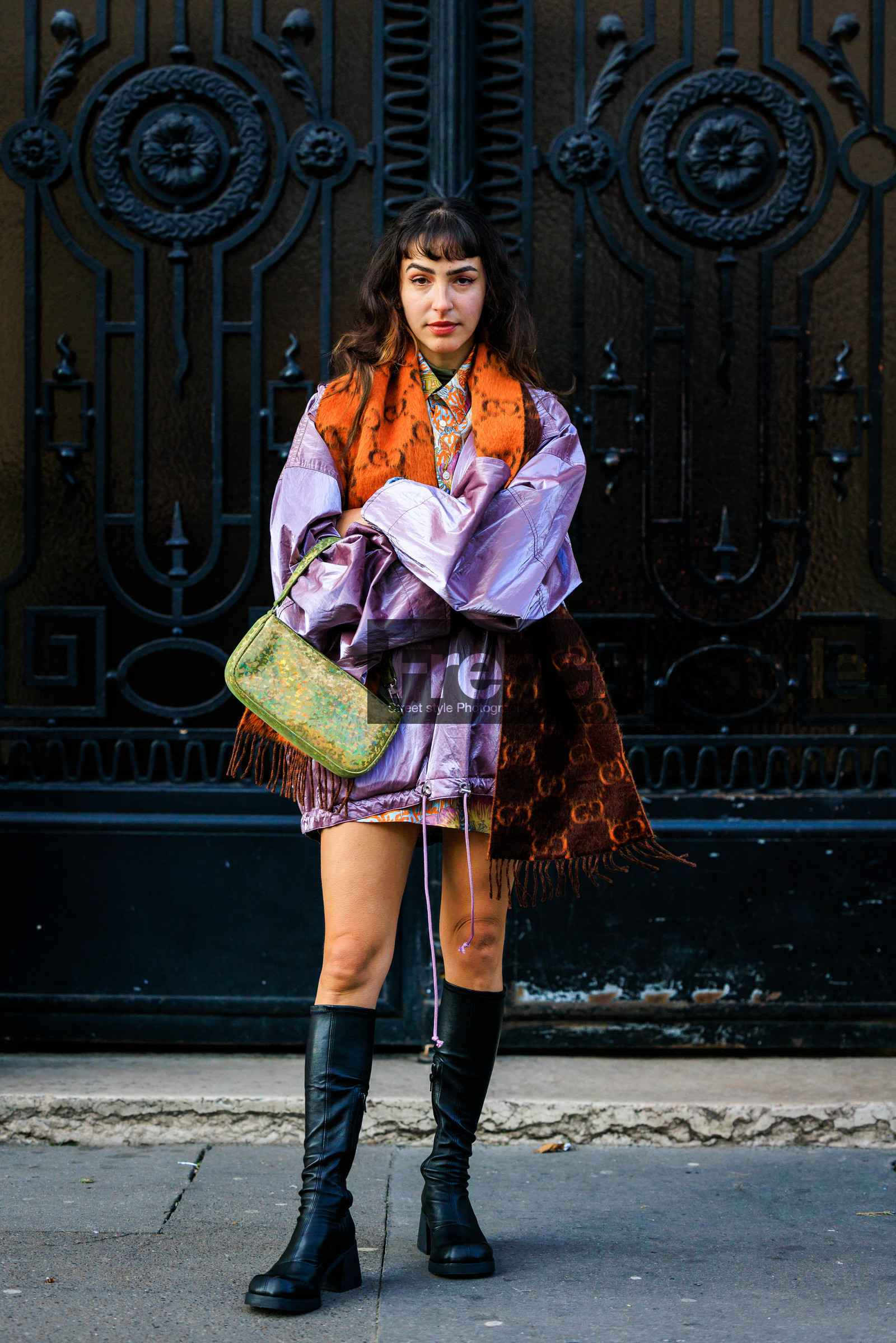 gucci scarf, logo scarf, orange scarf, purple jacket, metallic jacket, bomber jacket, green handbag, sparkling bag, black boots, fashion week, frenchystyle, FW, jonathan paciullo, street style, PFW, PARIS, menswear, AUTUMN WINTER 2022-2023, FALL WINTER 2022-2023, FW 22-23, full length, vertical