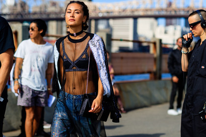 atmosphere details, black bag, black bra, blue denim, bra, choker, denim pants, detail, fashion week, frenchystyle, FW, horizontal, jeans, jonathan paciullo, leather bag, NEW YORK, NYFW, over the shoulder, see through, sequined, sequined jacket, shiny, SPRING SUMMER 2017, SS 17, street style, transparent, trousers, woman