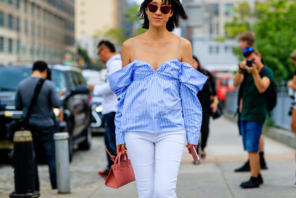 atmosphere details, blue shirt, bustier top, denim pants, detail, fashion week, frenchystyle, FW, horizontal, jeans, jonathan paciullo, leather bag, NEW YORK, NYFW, off the shoulder, pink bag, SPRING SUMMER 2017, SS 17, street style, striped shirt, sunglasses, Tiffany Hsu, trousers, white denim, woman
