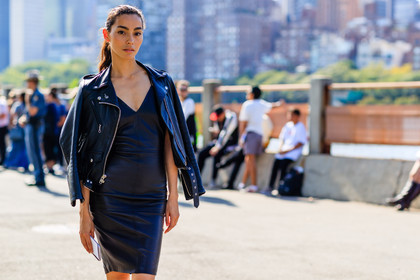 adidas, atmosphere details, black dress, black jacket, black perfecto, black sneakers, detail, fashion week, frenchystyle, FW, horizontal, jonathan paciullo, leather dress, leather jacket, leather perfecto, NEW YORK, NYFW, over the shoulder, SPRING SUMMER 2017, SS 17, street style, woman