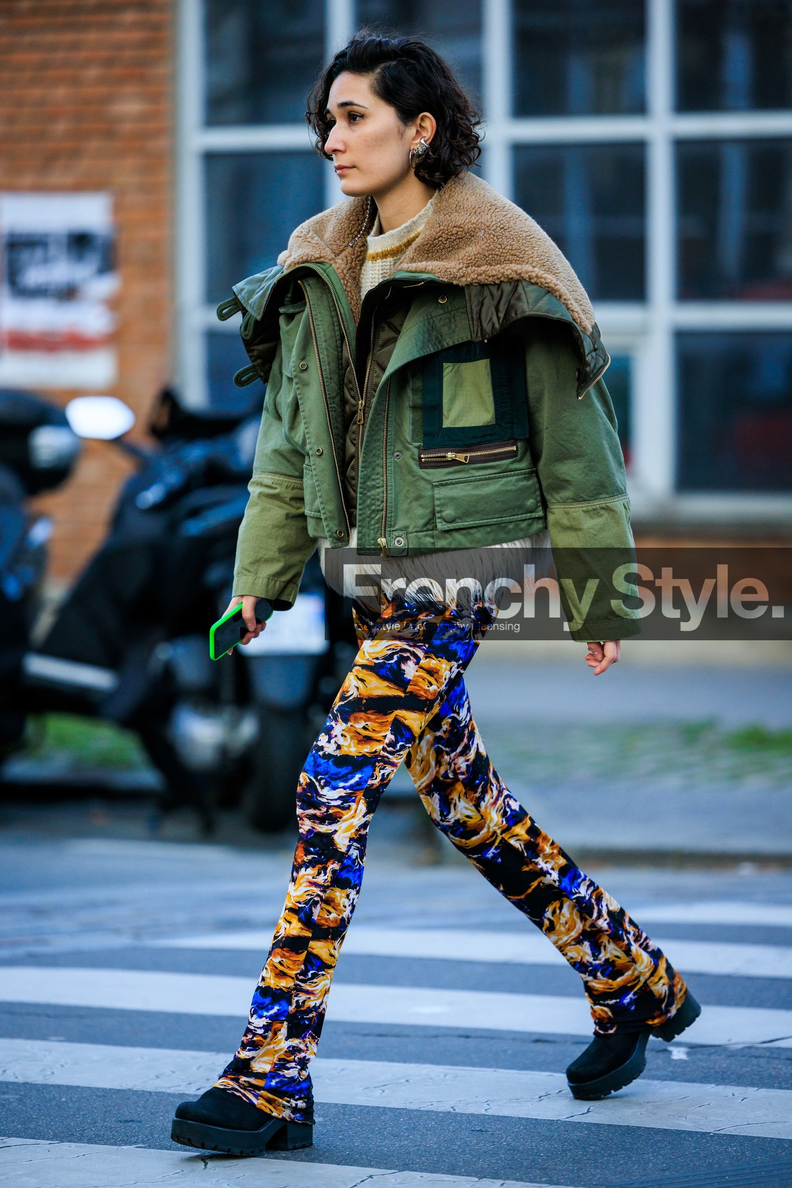 green jacket, bomber jacket, furry hood, puffed jacket, printed trousers, multicolor trousers, black boots, black shoes, short hair, fashion week, frenchystyle, FW, jonathan paciullo, street style, PFW, PARIS, menswear, AUTUMN WINTER 2022-2023, FALL WINTER 2022-2023, FW 22-23, full length, vertical