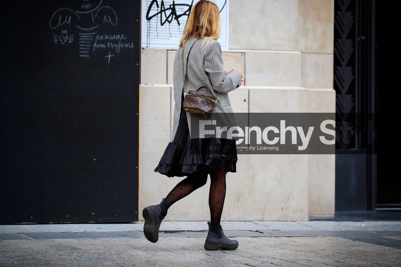 alexandra golovanoff, oversize jacket, checked jacket, beige jacket, black dress, black tights, black boots, ruffle dress, rain boots, low boots, plastic boots, chelsea boots, monogrammed tights, plumetis tights, crossbody bag, monogrammed bag, brown leather bag, round shape bag, box bag, zipped bag, kaki bag, satin dress, back details, louis vuitton bag, PARIS, PFW, fashion week, frenchystyle, FW, jonathan paciullo, street style, SPRING SUMMER 2021, SS 21, horizontal, atmosphere details, full length