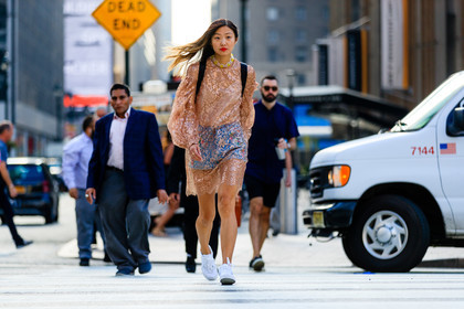 atmosphere details, blue shorts, fashion week, frenchystyle, full length, FW, horizontal, jonathan paciullo, lace dress, leather sneakers, necklace, NEW YORK, nude dress, NYFW, pink dress, red lips, see through, SPRING SUMMER 2017, SS 17, street style, transparent, white sneakers, woman