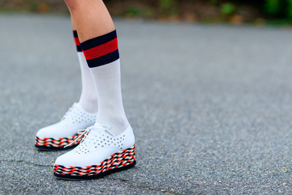 atmosphere details, detail, fashion week, frenchystyle, FW, graphic shoes, high socks, horizontal, jonathan paciullo, leather shoes, NEW YORK, NYFW, printed shoes, SPRING SUMMER 2017, SS 17, street style, wedges, white shoes, white socks, woman
