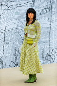 light green cardigan, light green skirt, yellow cardigan, yellow skirt, checked cardigan, checked skirt, yellow bag, yellow leather bag, light green leather bag, quilted bag, mini bag, crossbody bag, zipped bag, silvered necklace, silvered choker, multi necklace, multi chocker, white cardigan, white skirt, long skirt, green leather boots, santiag boots, dior bag, dior cardigan, dior suits, dior total look, maria bernad, fashion week, frenchystyle, FW, jonathan paciullo, street style, PFW, PARIS, AUTUMN WINTER 2021-2022, FALL WINTER 2021-2022, FW 21-22, vertical, full length
