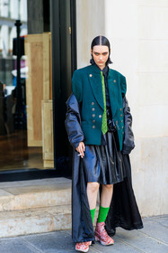 haircut, hair details, make up, make up details, green jacket, green tie, black leather skirt, green socks, black leather jacket, long jacket, red sneakers, converse shoes, embroidered jacket, printed tie, fashion week, frenchystyle, FW, jonathan paciullo, street style, PFW, PARIS, AUTUMN WINTER 2021-2022, FALL WINTER 2021-2022, FW 21-22, vertical, full length, model