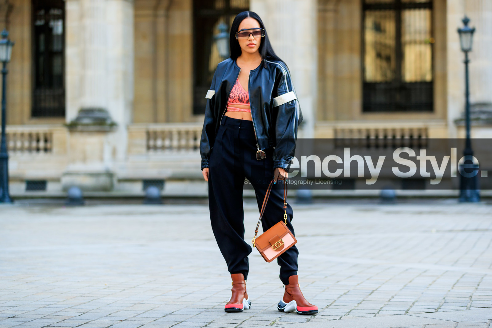 aleali may, black jacket, black pants, bra, brown boot, camel bag, graphic bag, leather bag, leather jacket, leather shoes, louis vuitton, printed bag, sunglasses, trousers, PARIS, PFW, street style, jonathan paciullo, FW, frenchystyle, fashion week, AUTUMN WINTER 2019-2020, AW 19-20, FALL WINTER 2019-2020, FW 19-20, horizontal, atmosphere details, full length