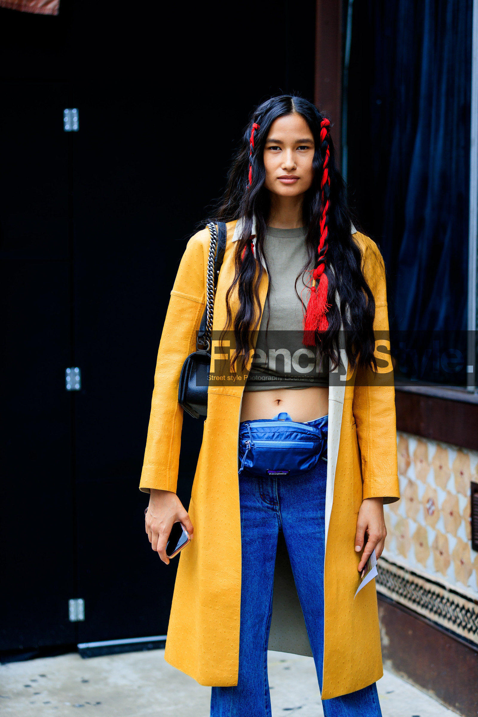 beige top, black bag, blue bag, blue denim, braids, crop top, denim pants, fanny pack, jeans, leather bag, model, patagonia, trousers, varsha thapa, yellow coat, street style, jonathan paciullo, FW, frenchystyle, fashion week, NYFW, NEW YORK, SPRING SUMMER 2019, SS 19, vertical, detail, atmosphere details