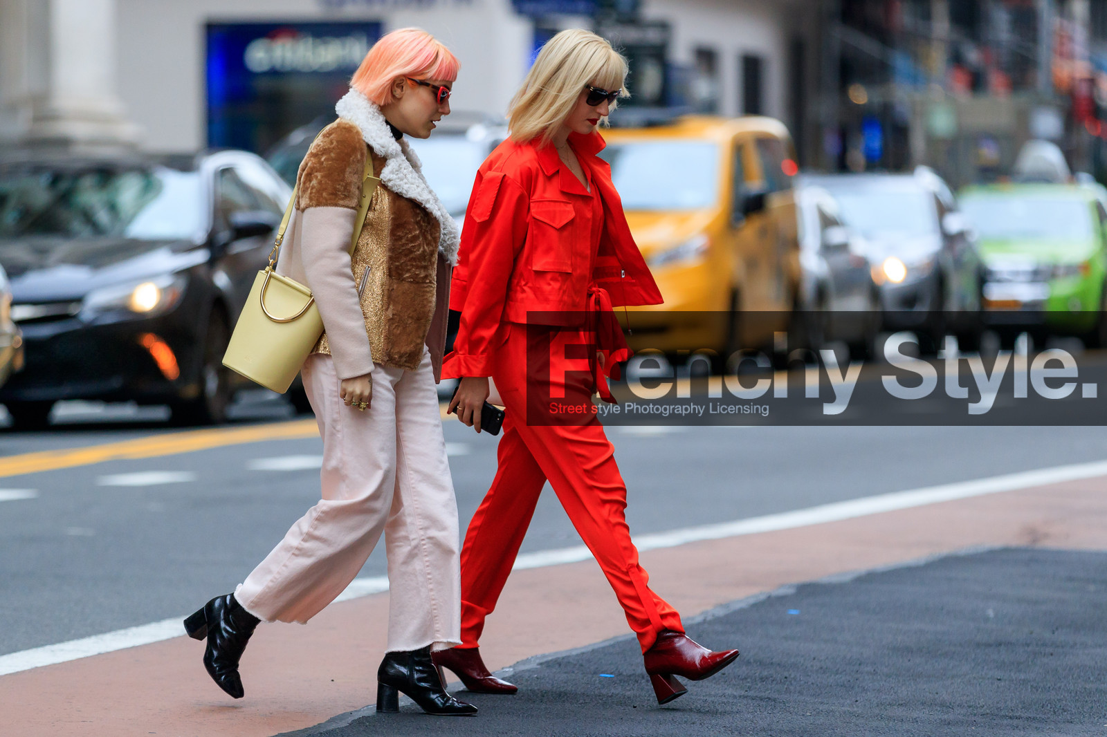 black shoes, denim pants, dyed hair, high heels, jeans, leather bag, leather shoes, pink hair, red boots, red jacket, red pants, shearling, sunglasses, trousers, white denim, yellow bag, street style, jonathan paciullo, FW, frenchystyle, fashion week, NYFW, NEW YORK, AUTUMN WINTER 2018-2019, AW 18-19, FALL WINTER 2018-2019, FW 18-19, atmosphere details, horizontal, full length