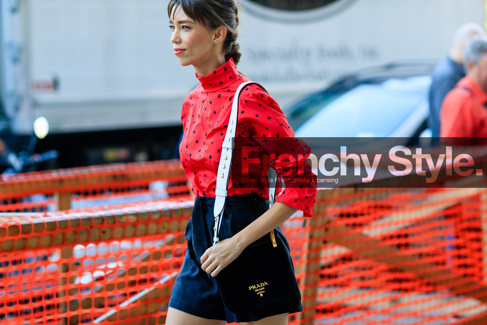 atmosphere details, black bag, black shorts, detail, fashion week, frenchystyle, FW, high waist, horizontal, jonathan paciullo, leather bag, NEW YORK, NYFW, prada, printed top, red shirt, red top, red turtleneck, SPRING SUMMER 2017, SS 17, street style, thania peck, woman