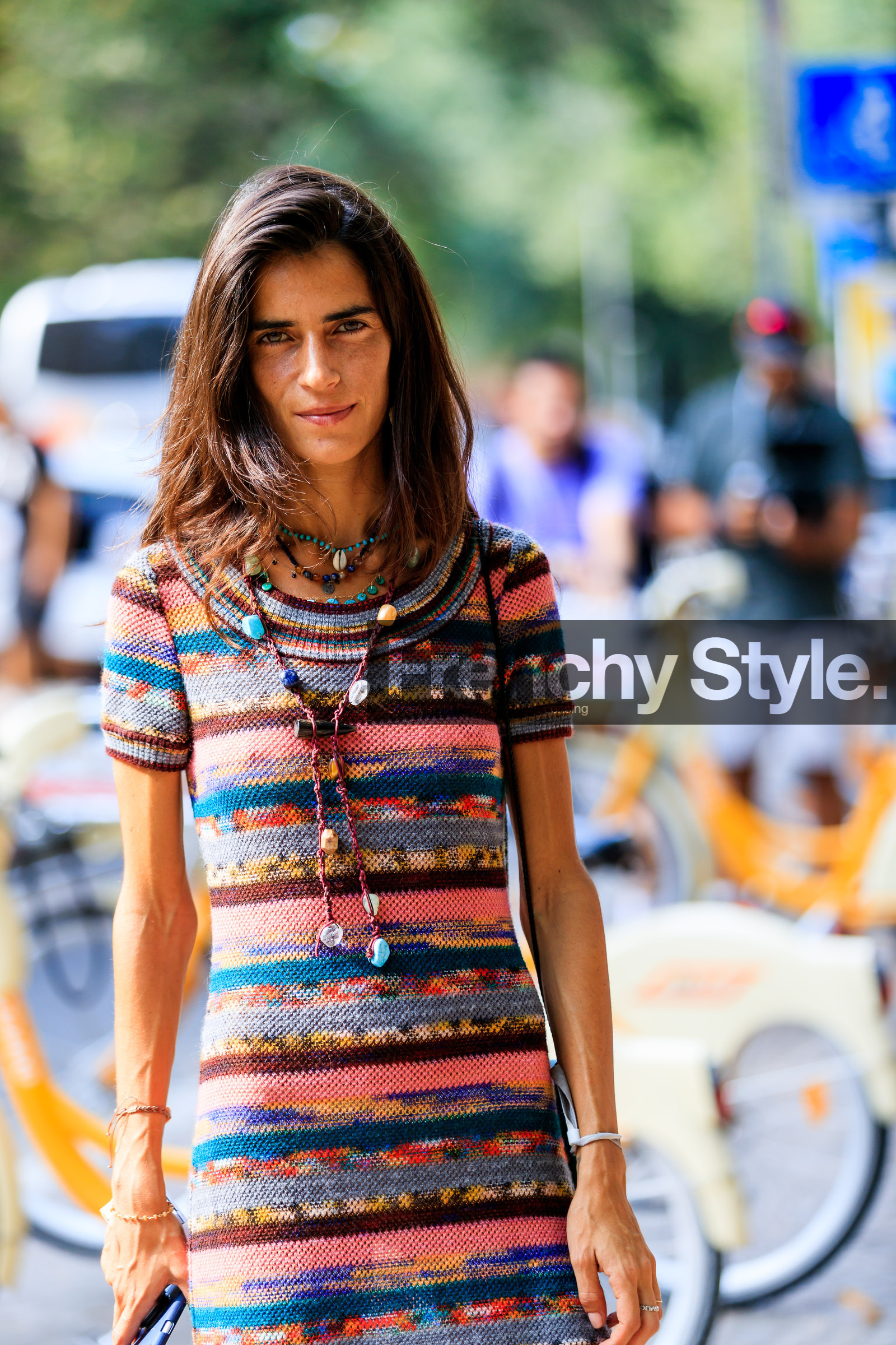 chiara totire, graphic dress, knit dress, multicolor dress, necklace, printed dress, striped dress, street style, jonathan paciullo, FW, frenchystyle, fashion week, MFW, MILAN, SPRING SUMMER 2019, SS 19, vertical, atmosphere details, detail