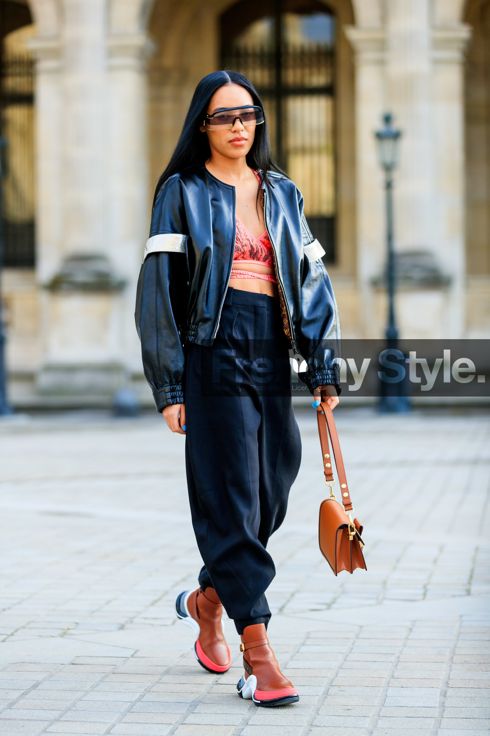 aleali may, black jacket, black pants, bra, brown boot, camel bag, graphic bag, leather bag, leather jacket, leather shoes, louis vuitton, printed bag, sunglasses, trousers, PARIS, PFW, street style, jonathan paciullo, FW, frenchystyle, fashion week, AUTUMN WINTER 2019-2020, AW 19-20, FALL WINTER 2019-2020, FW 19-20, vertical, full length