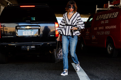atmosphere details, black and white, black belt, blue denim, denim pants, embroidered pants, fashion week, frenchystyle, full length, FW, geometric, graphic bag, graphic top, horizontal, issey miyake, jeans, jonathan paciullo, leather shoes, metallic bag, necklace, NEW YORK, NYFW, pearls, silver, silver bag, silver shoes, SPRING SUMMER 2017, SS 17, stars, street style, striped top, sunglasses, tote bag, trousers, woman
