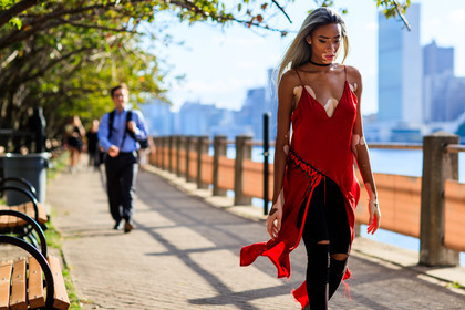 atmosphere details, black denim, choker, denim pants, detail, fashion week, frenchystyle, FW, horizontal, iphone, jeans, jonathan paciullo, NEW YORK, NYFW, red dress, ripped pants, SPRING SUMMER 2017, SS 17, street style, trousers, winnie harlow, woman