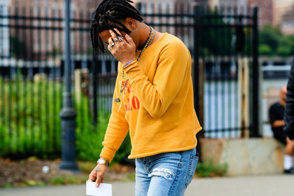 atmosphere details, blue denim, braids, denim pants, detail, fashion week, frenchystyle, FW, horizontal, jeans, jonathan paciullo, necklace, NEW YORK, NYFW, orange sweater, rings, SPRING SUMMER 2017, SS 17, street style, trousers