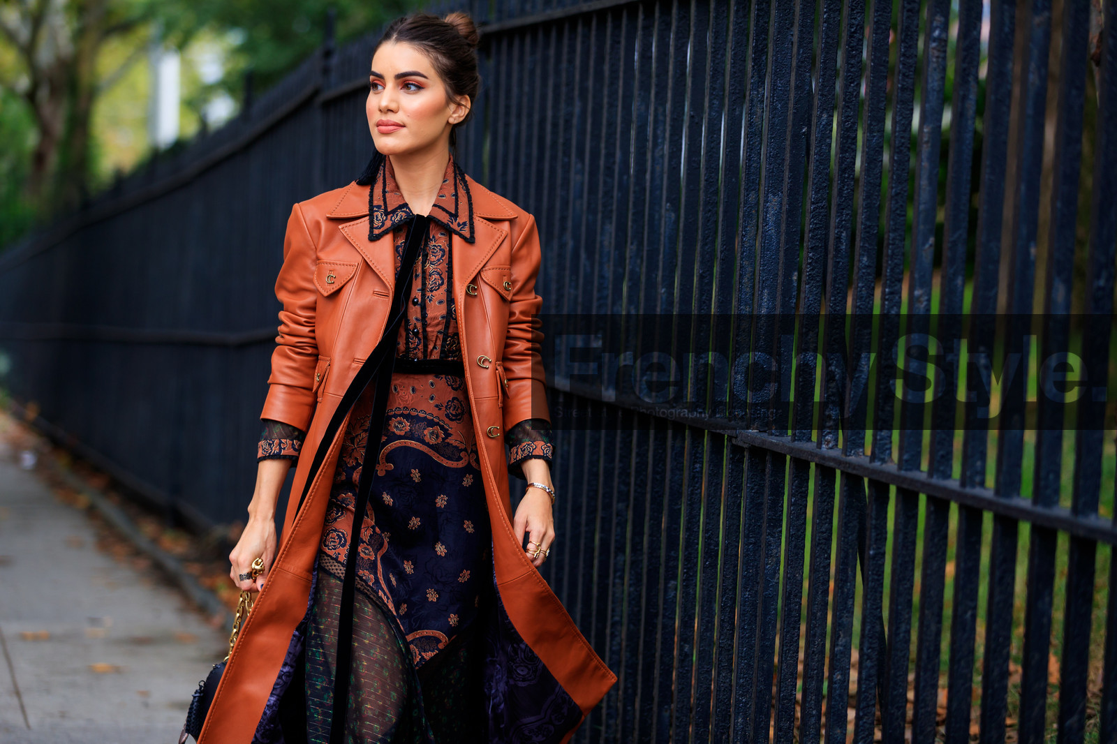 black dress, camila coelho, earrings, graphic dress, lace, leather coat, orange coat, printed dress, street style, jonathan paciullo, FW, frenchystyle, fashion week, NYFW, NEW YORK, SPRING SUMMER 2019, SS 19, atmosphere details, horizontal, detail