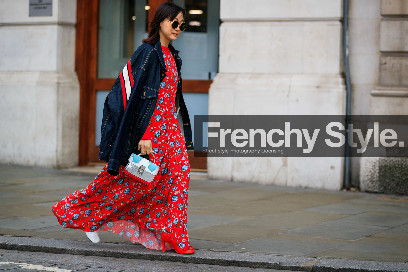 blue denim, denim jacket, graphic dress, graphic jacket, leather bag, maiko shibata, over the shoulder, printed dress, printed jacket, red dress, shiny bag, silver bag, sunglasses, LONDON, LFW, fashion week, frenchystyle, FW, jonathan paciullo, street style, AUTUMN WINTER 2019-2020, AW 19-20, FW 19-20, FALL WINTER 2019-2020, horizontal, atmosphere details, full length